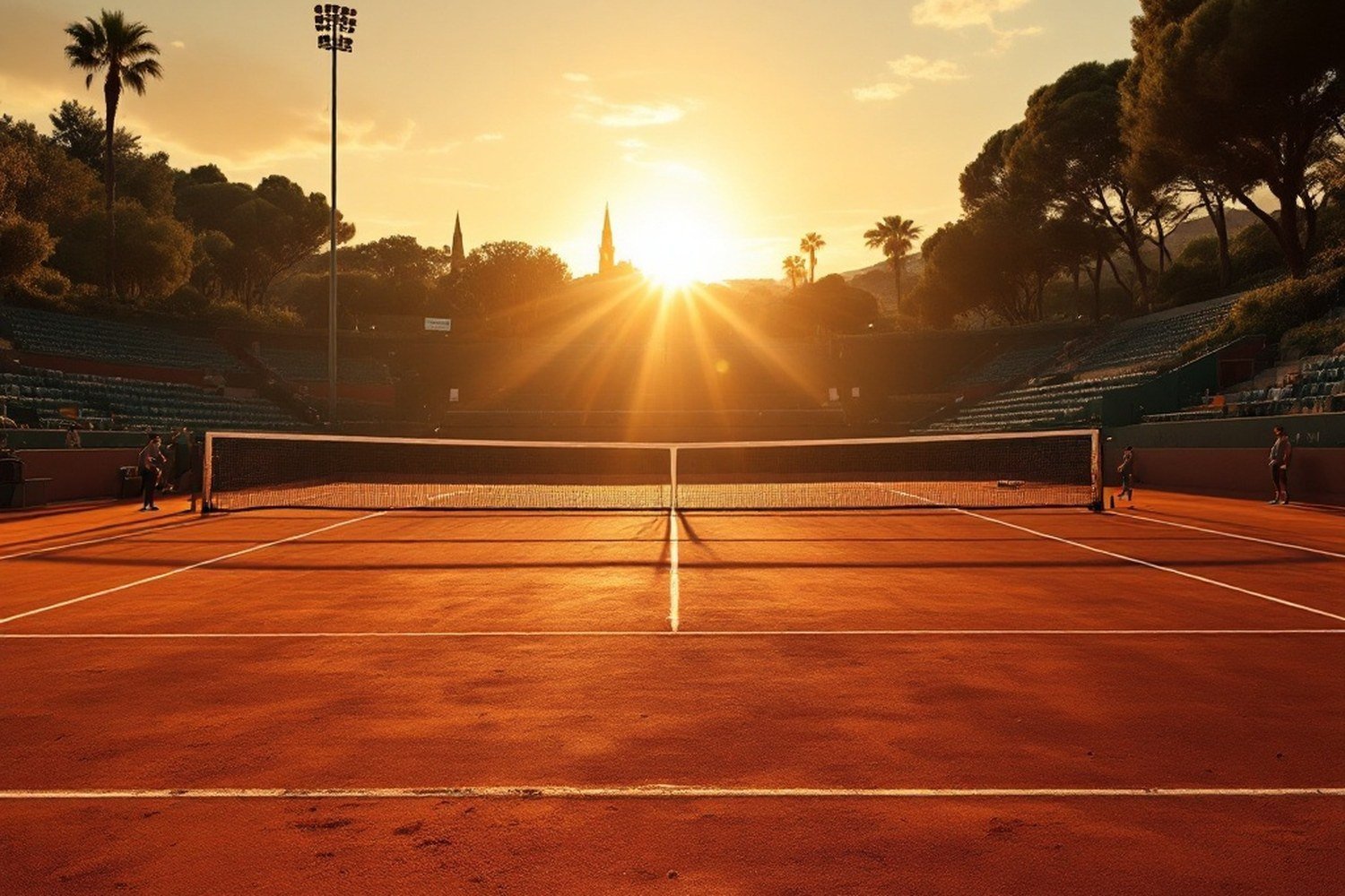 A wide red clay tennis court at golden hour, deep court lines, a taut net, long shadows across the terracotta